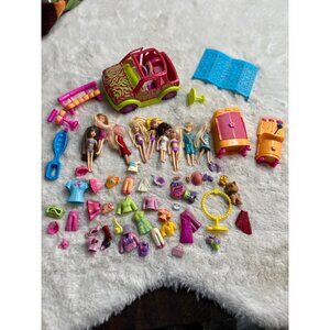 Polly Pocket 2001 pink & green zebra Jeep, dolls , accessories lot